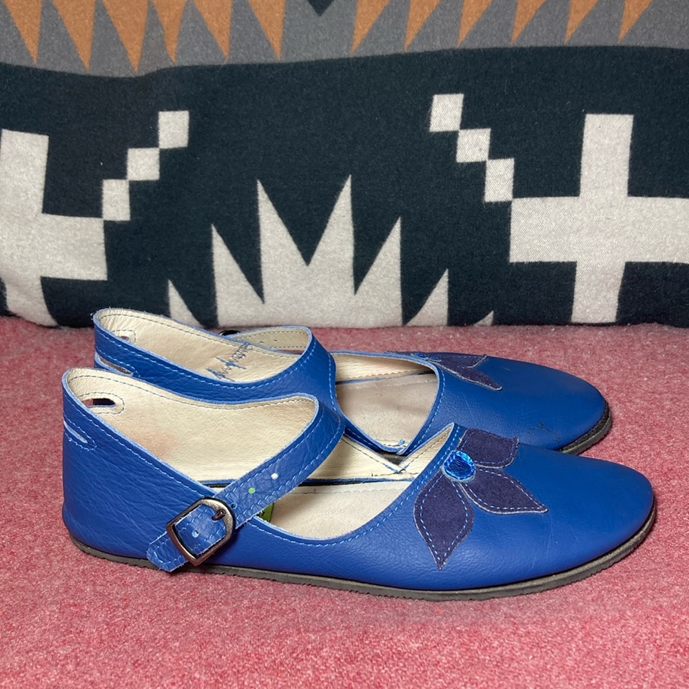 Women's Blue Mary Jane Flats with Floral Accent